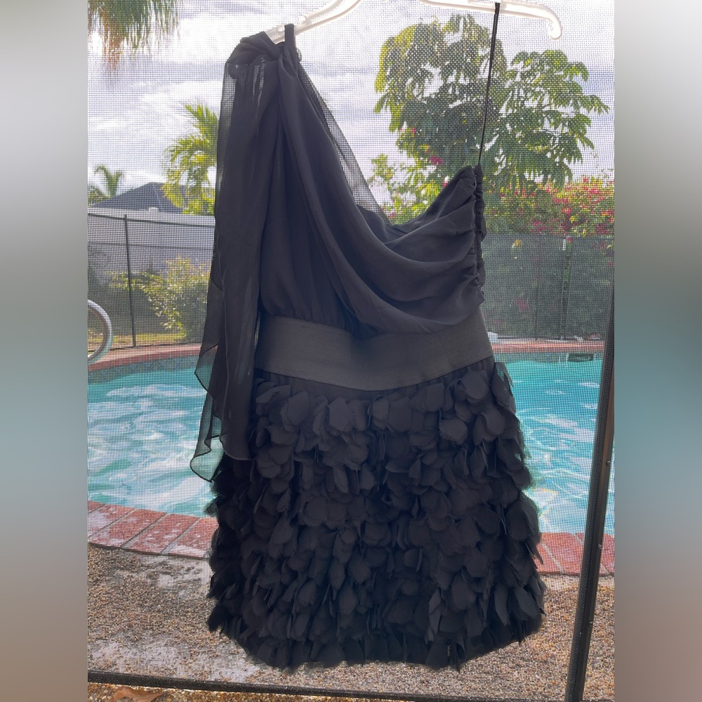 Foley + Corinna Black Chiffon Petal Appliqué One Shoulder Cocktail Dress M